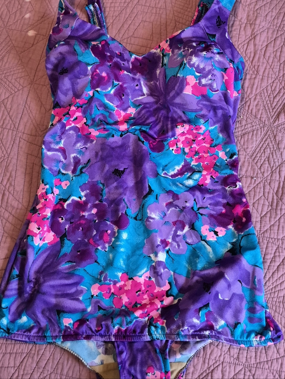 Vintage Maxine of Hollywood Purple Teal Floral Swimwear Size 14